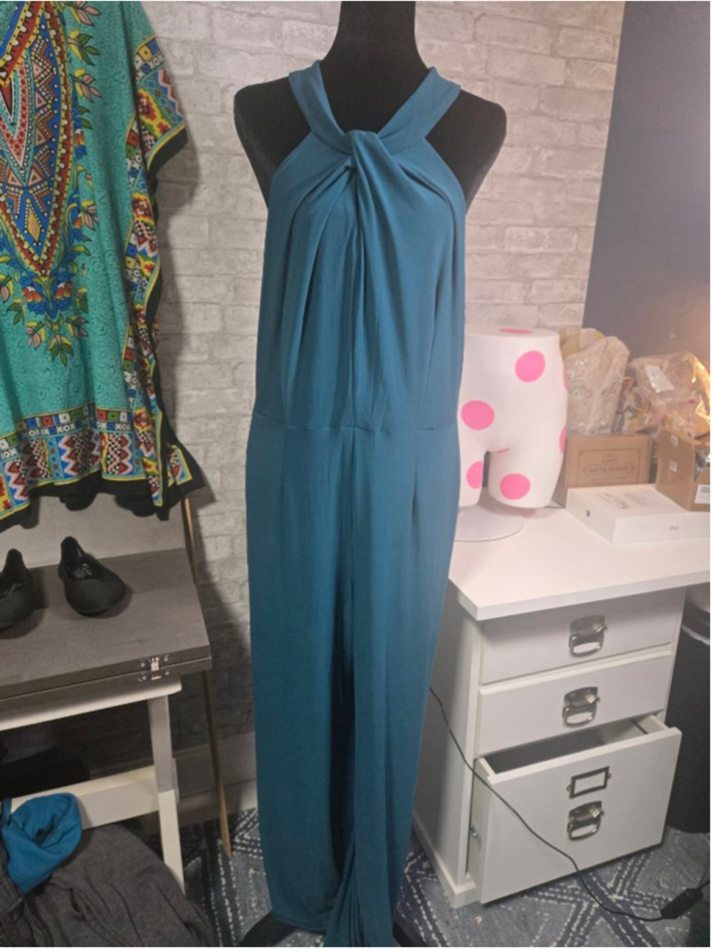 Women's NINA LEONARD Teal Halter Neck Jumpsuit L